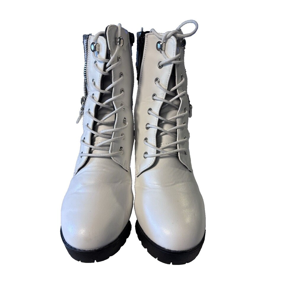 Yoki Womens's Zipper Laces Platform Combat White Black Plaid Chunky Heel Boots 8